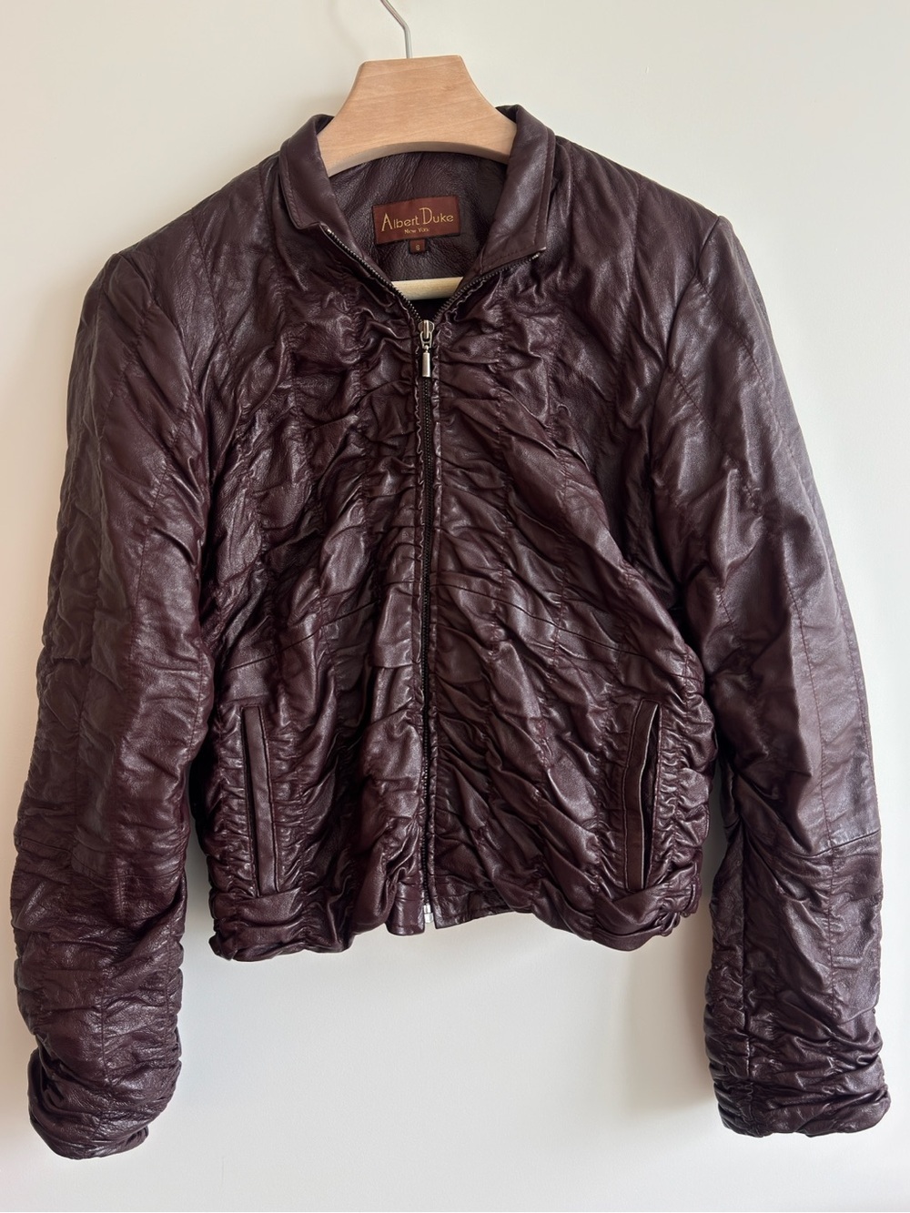 Vintage Albert Duke New York Genuine Leather Ruched Jacket Burgundy Cropped S
